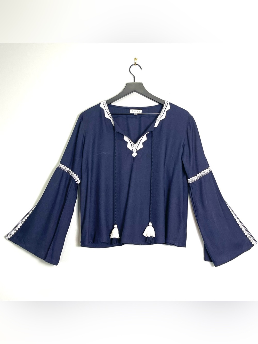 THML Women's Navy Blue Long Sleeve Blouse Top White Embriodery Tassel Boho Small